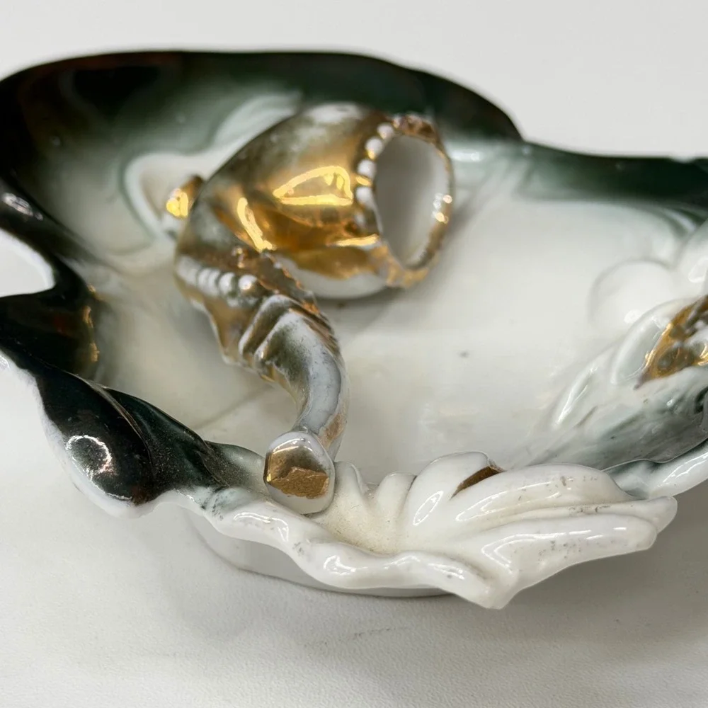 Vintage Porcelain Pipe Ashtray Trinket Dish Green Ombre Gold Gilt Figural 4.5